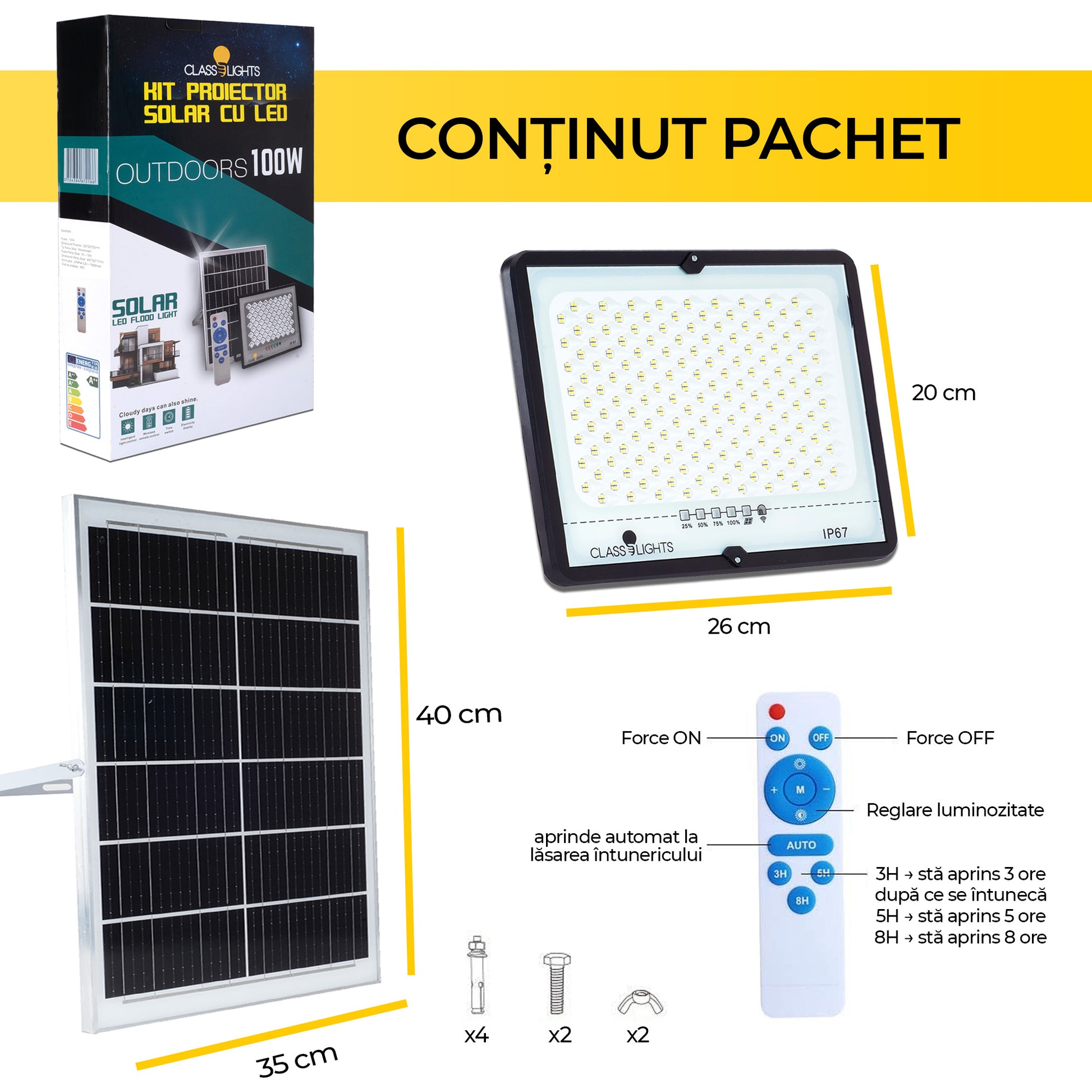 Continut pachet proiector solar LED 100W: corp 26x20cm, panou solar 35x40cm, telecomanda si accesorii