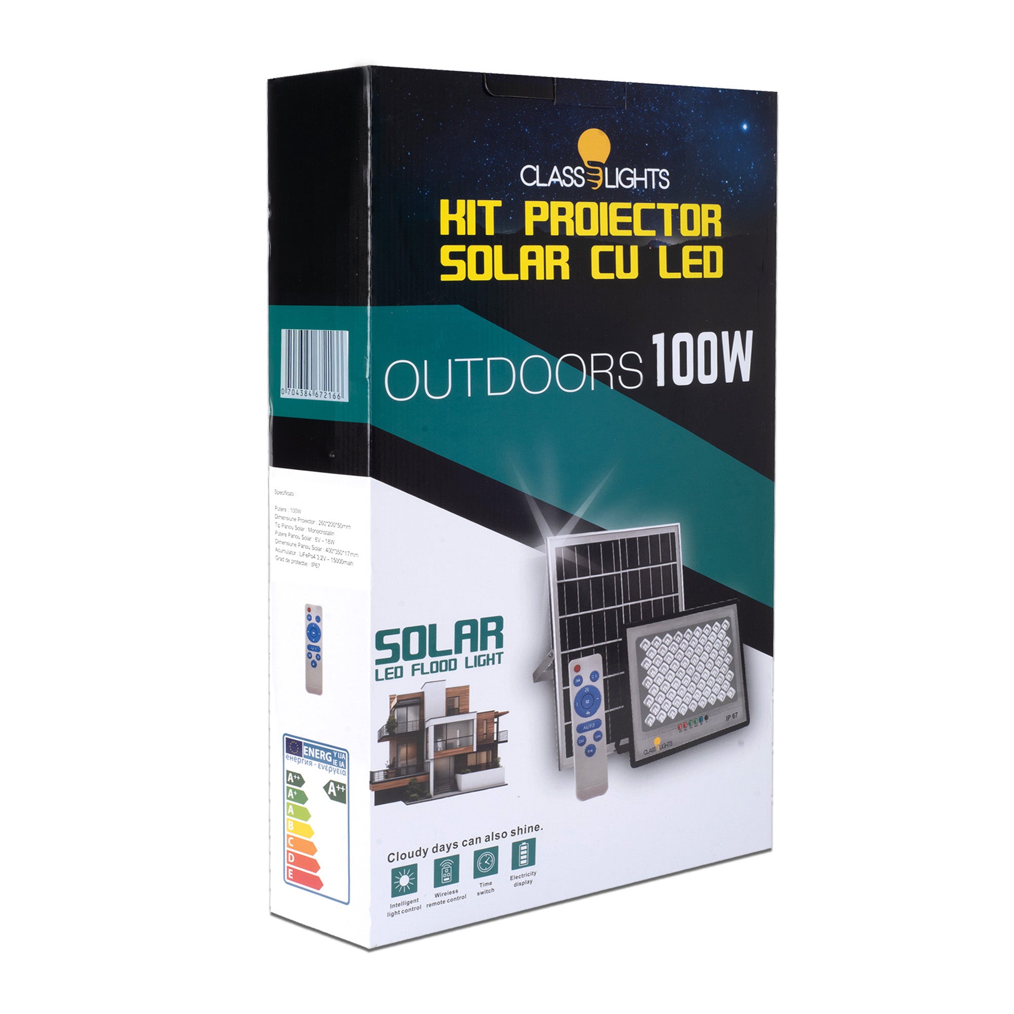Cutie ambalaj kit proiector solar LED 100W IP67 pentru iluminat exterior, clasa energetica A++