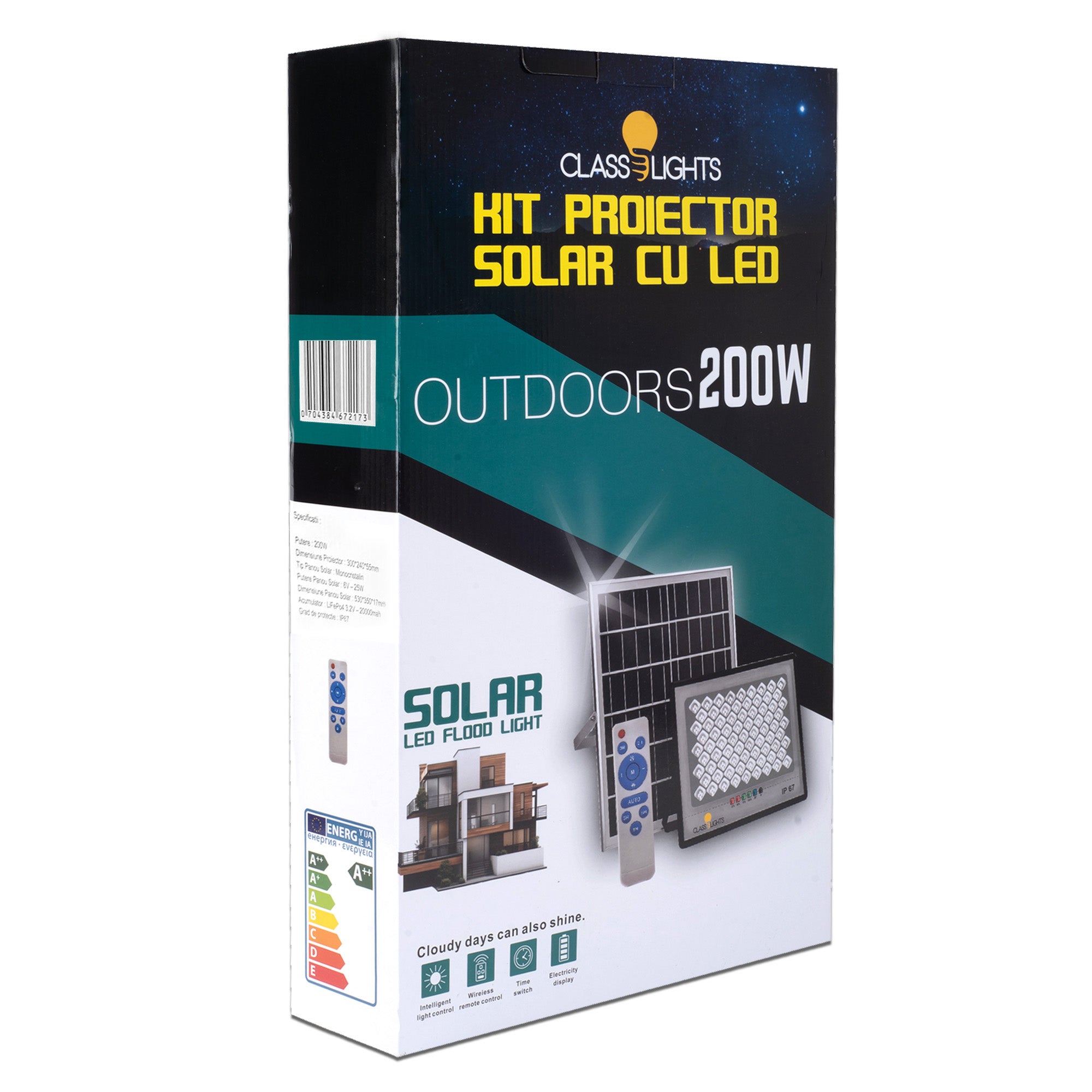 Cutie ambalaj kit proiector solar LED 200W outdoor, cu specificatii tehnice si eticheta energetica A++