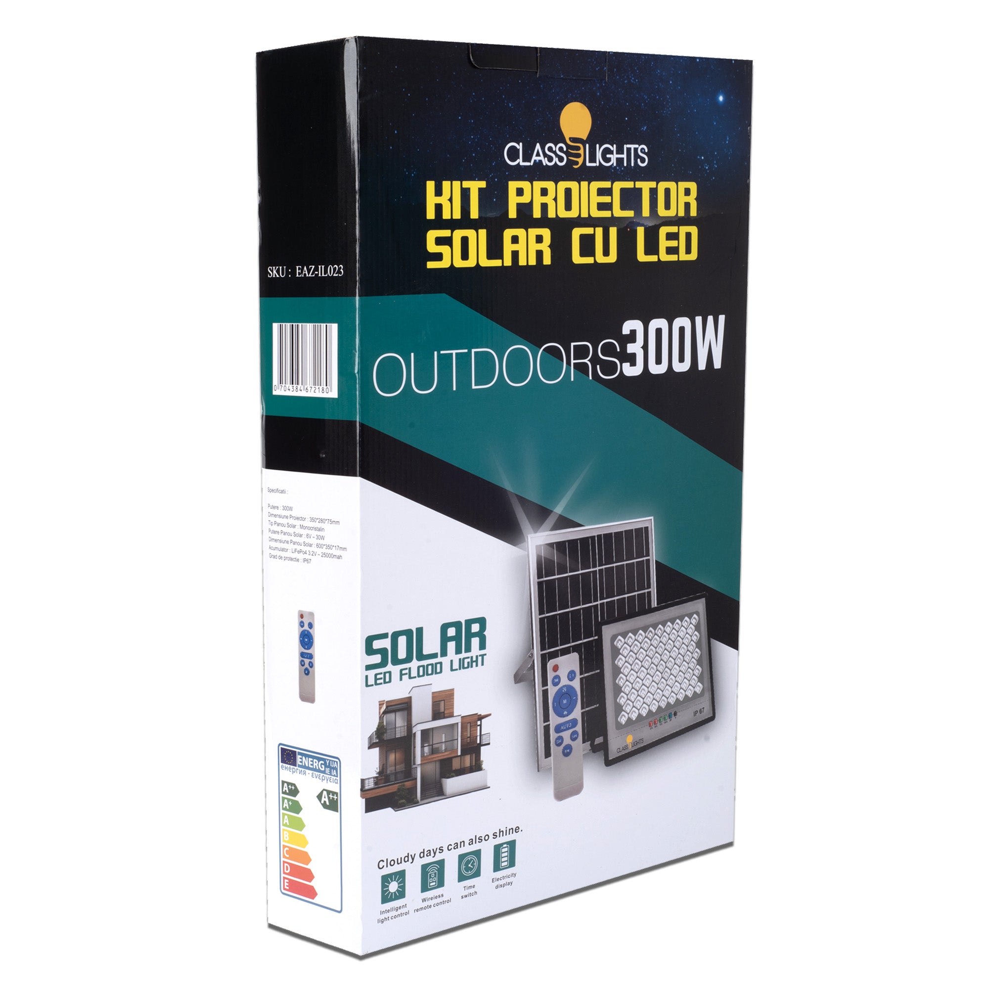 Cutie ambalaj kit proiector solar LED 300W outdoor IP67, cu specificatii tehnice pe lateral