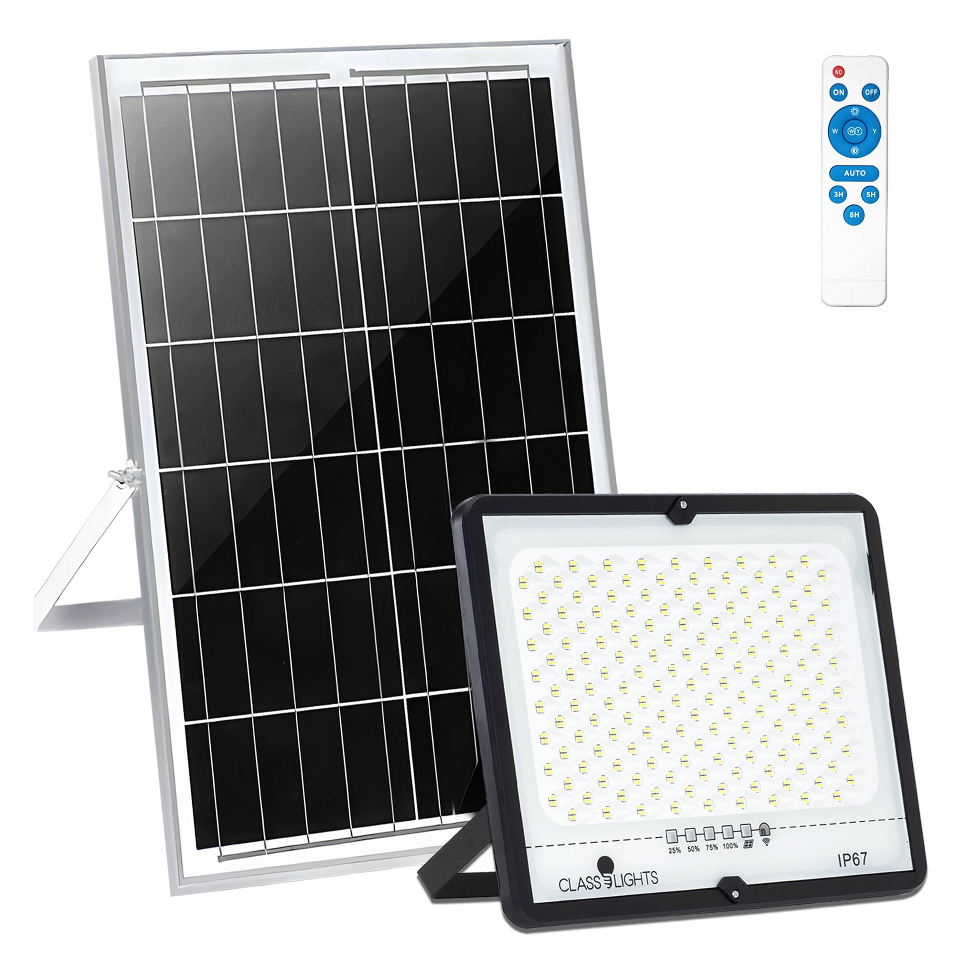 Kit proiector solar LED 300W IP67 cu panou monocristalin si telecomanda, vedere de ansamblu pe fond alb