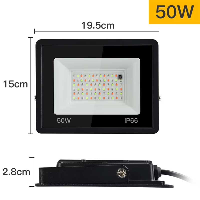 Proiector LED RGB 50W IP66 cu dimensiuni 19.5x15x2.8 cm, vedere frontala si laterala