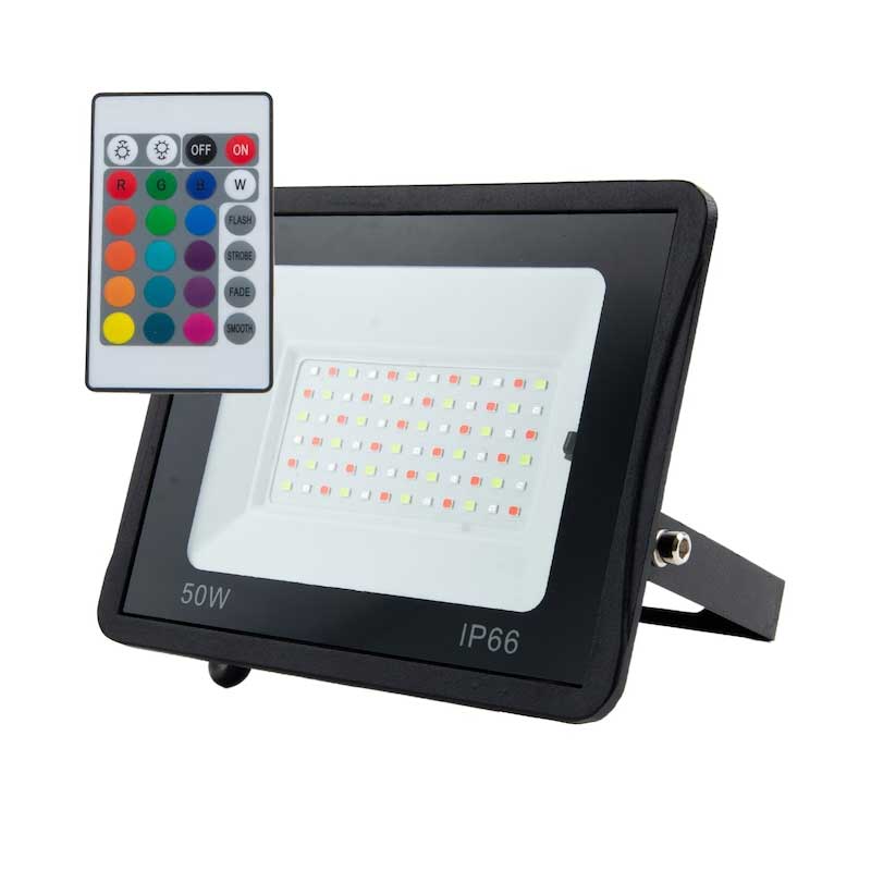 Proiector LED RGB 50W IP66 cu telecomanda IR inclusa, moduri flash, strobe, fade si smooth
