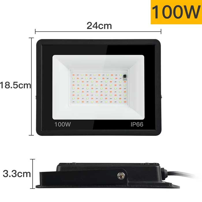 Proiector LED RGB 100W dimensiuni 24x18.5cm, grosime 3.3cm, IP66