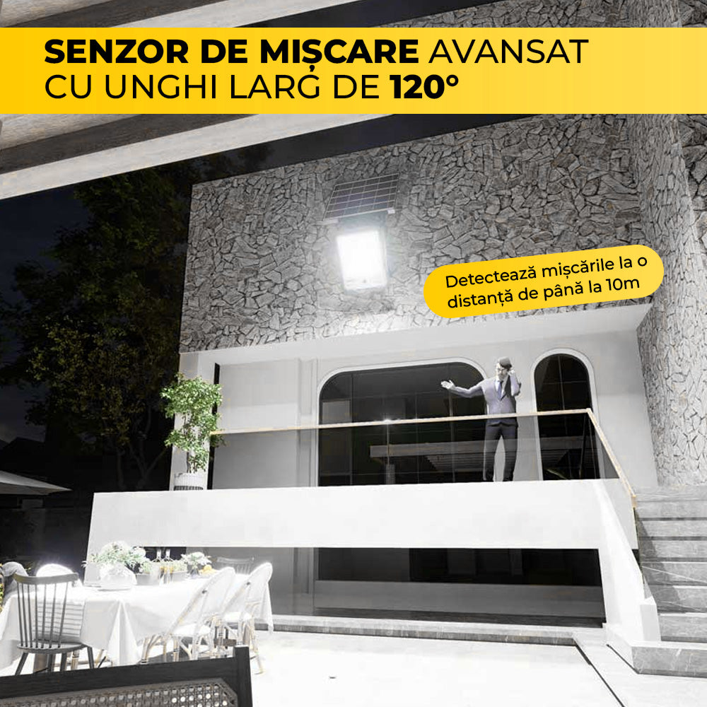 Proiector solar cu senzor de miscare 120 grade, detectie pana la 10m, montat pe fatada exterioara