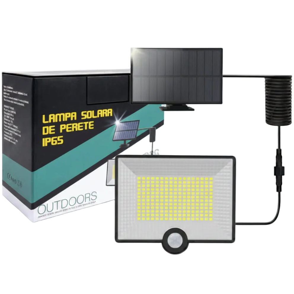 Proiector LED solar 40W IP65 cu senzor de miscare PIR si panou solar detasabil, 204 LED-uri, montaj perete