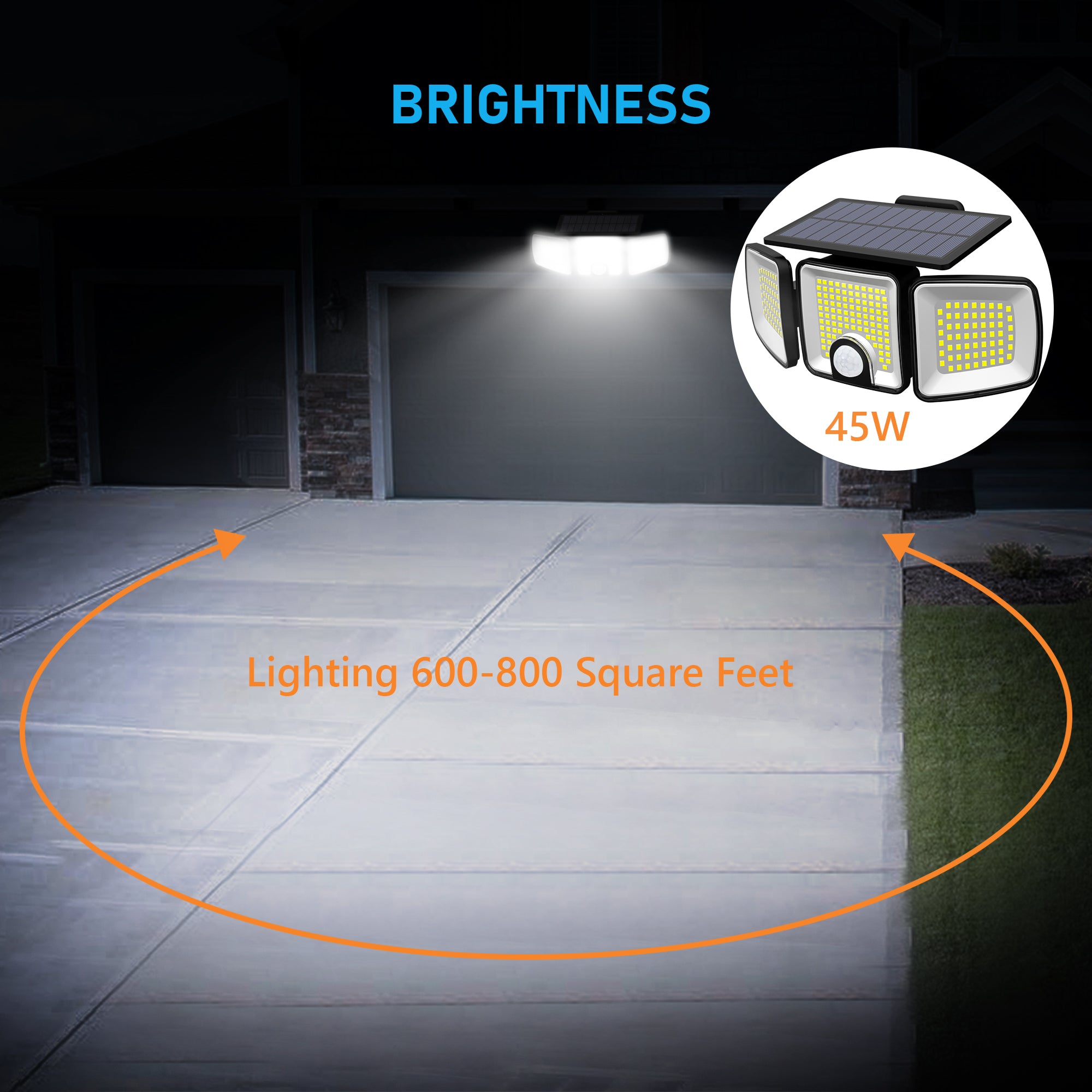 Proiector solar 45W ilumineaza suprafata de 600-800 mp, raza de lumina pe alee noaptea