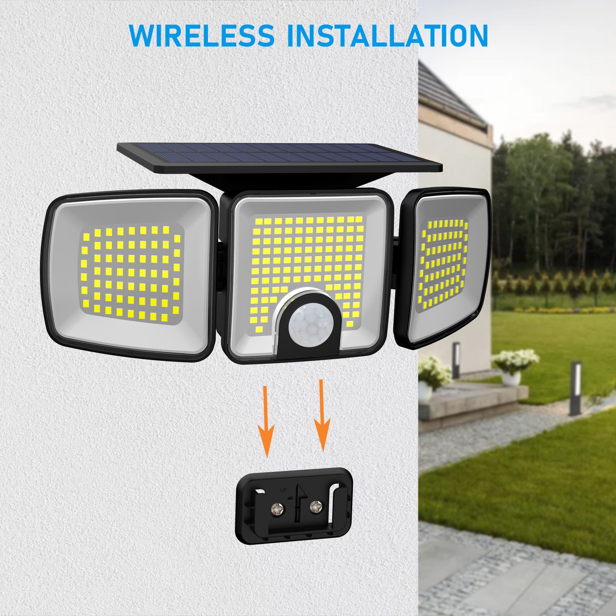 Proiector solar cu 3 capete, instalare wireless fara cabluri pe perete exterior, kit suruburi inclus
