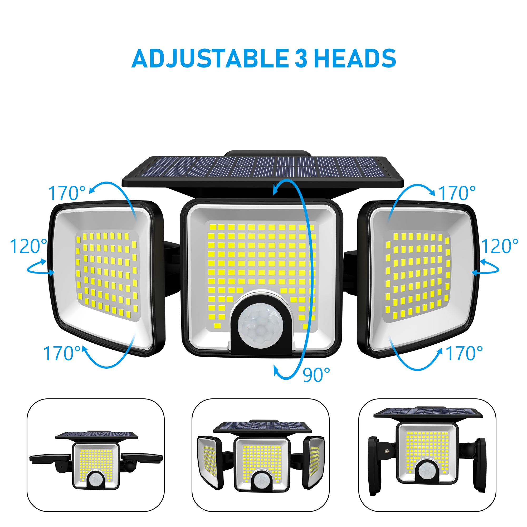 Proiector solar cu 3 capete orientabile independent, unghi reglare 170° si 120° pe fiecare cap