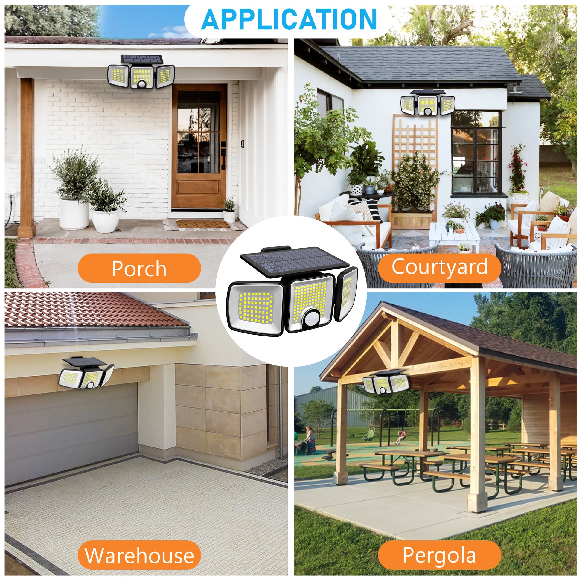 Proiector solar cu 3 capete reglabile aplicat pe veranda, curte, garaj si pergola, utilizari diverse