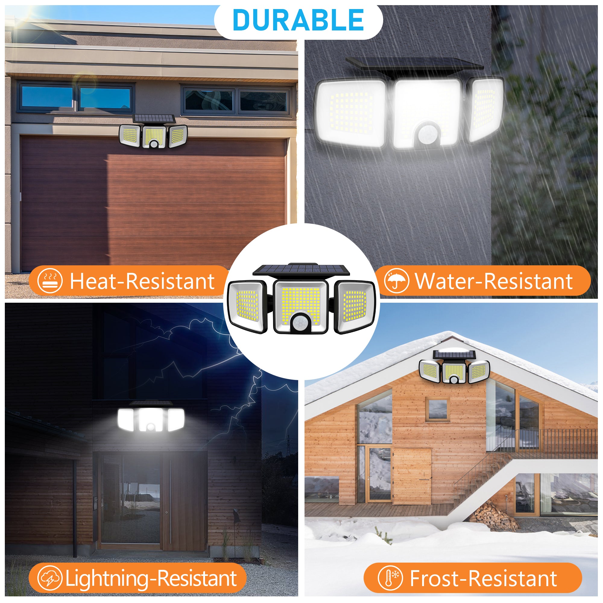 Proiector solar cu 3 capete rezistent la ploaie, inghet si caldura, montat la intrare garaj si fatada casa