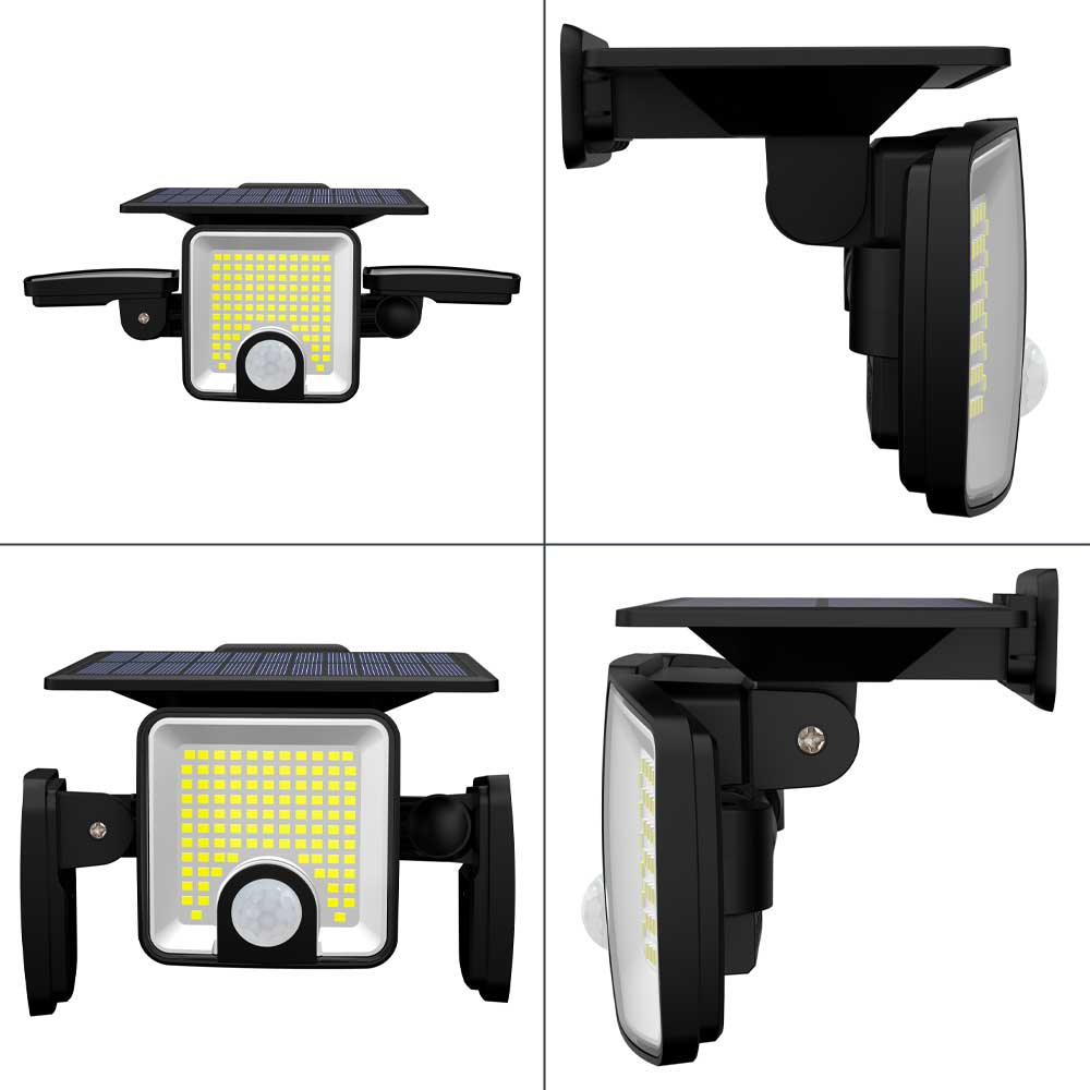 Proiector solar LED cu 3 capete, vedere din fata si lateral, design compact cu suport de perete