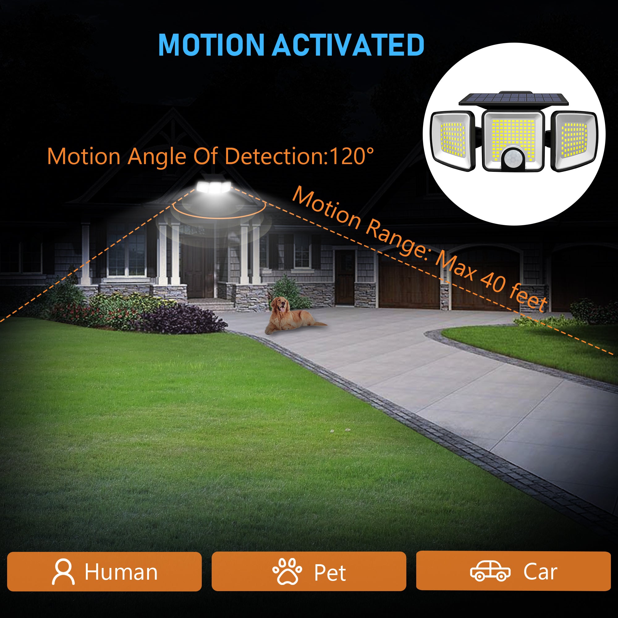 Proiector solar cu senzor PIR, unghi detectie 120° si raza actiune pana la 12 metri, iluminat curte