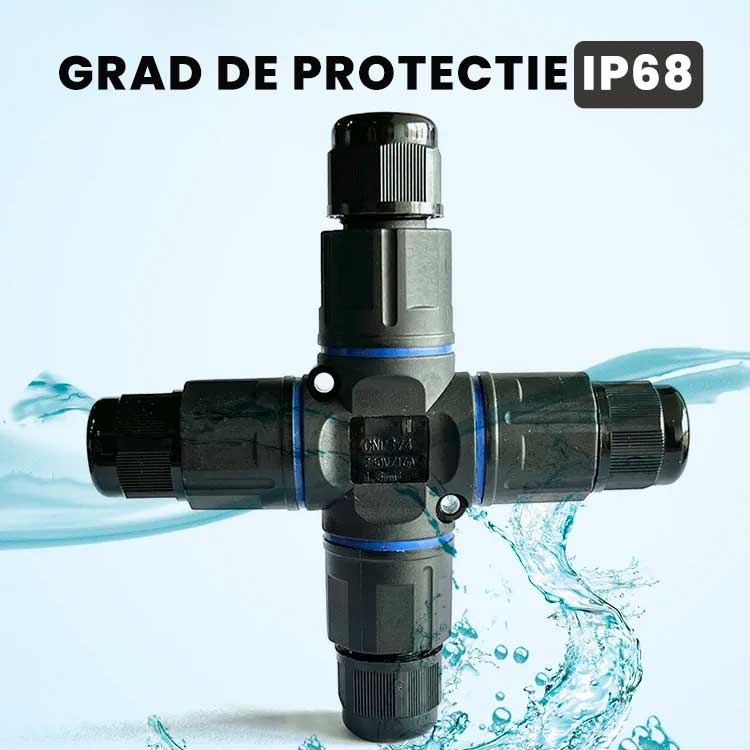 Conector impermeabil IP68 in cruce rezistent la apa, protectie la imersie
