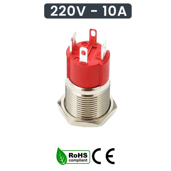 Buton push metalic 19mm, 220V-10A, vedere spate cu 4 pini, certificat RoHS si CE