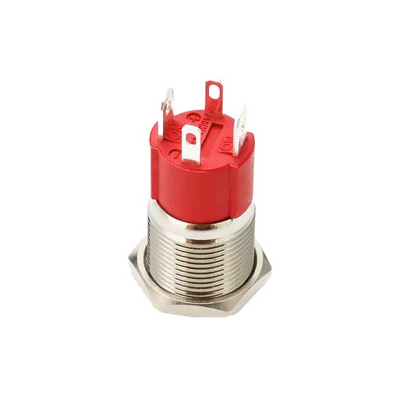 Buton push metalic 19mm cu 4 pini faston, corp filetat otel inoxidabil, vedere din spate