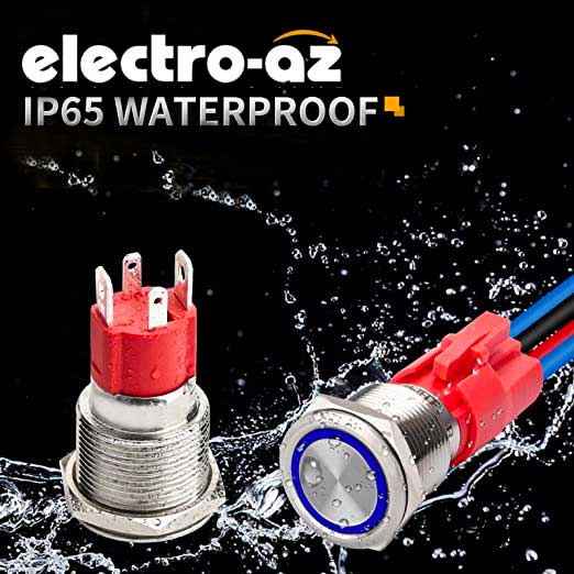 Buton push metalic 19mm rezistent la apa IP65, vedere fata si spate cu conector