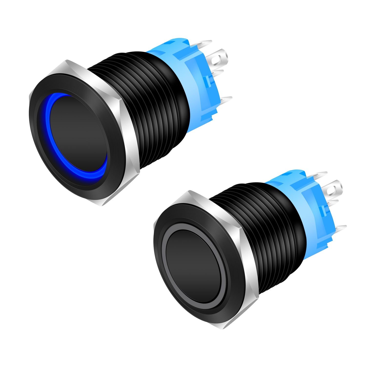 Buton push negru 19mm cu LED albastru si retinere, IP65, 12V, corp aluminiu - set doua bucati
