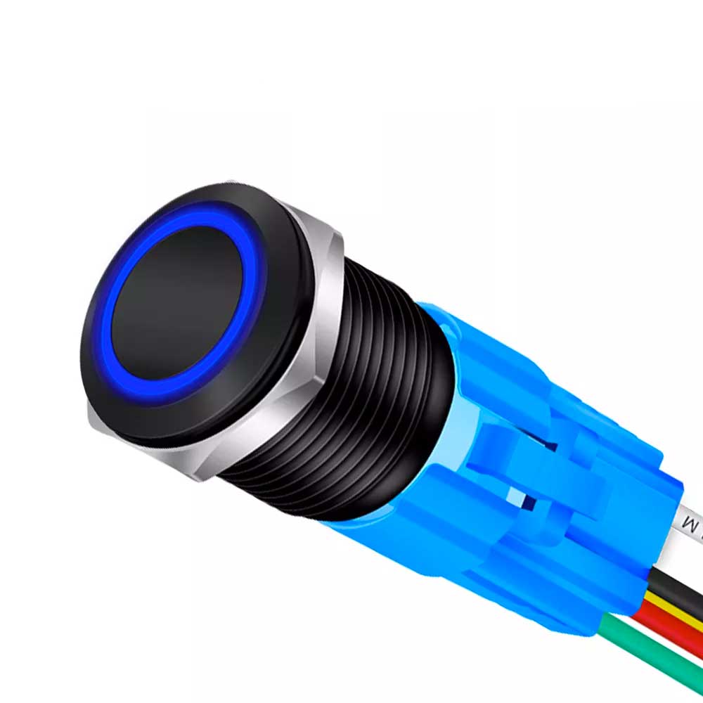 Buton push negru 19mm cu inel LED albastru aprins si cablu multicolor cu mufa de conectare