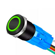 Buton push negru 19mm cu LED verde inel, IP65, 12V, conector cu 5 fire inclus