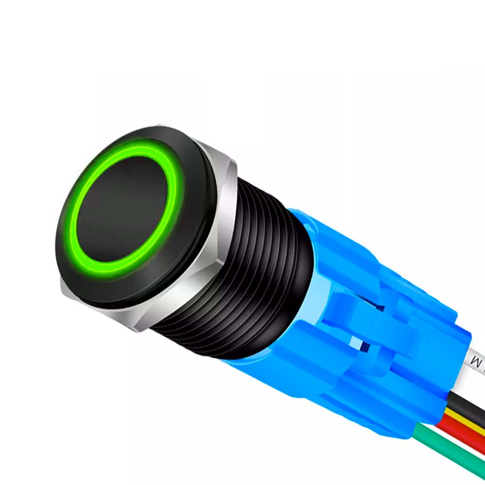 Buton push 19mm LED verde aprins cu cablu conector albastru si fire multicolore