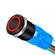 Buton push metalic 19mm cu LED rosu inel, alimentare 12V, corp negru din aluminiu, conector cu fire colorate