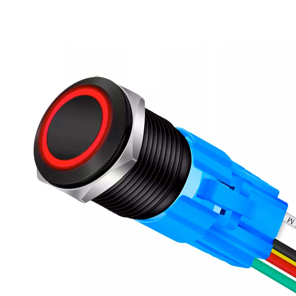 Buton push metalic 19mm cu LED rosu inel, alimentare 12V, corp negru din aluminiu, conector cu fire colorate