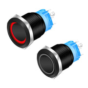 Buton push metalic 19mm cu LED rosu si retinere, IP65, 12V, corp negru din aluminiu - set doua bucati