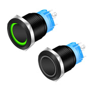 Buton push metalic 19mm cu LED verde, corp negru, retinere, 12V IP65 - set doua bucati