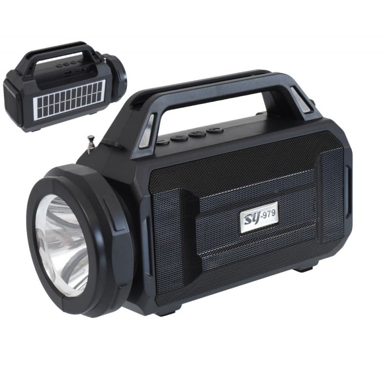 Lanterna portabila LED 3W cu radio FM, Bluetooth si panou solar, difuzor 8W, maner ergonomic