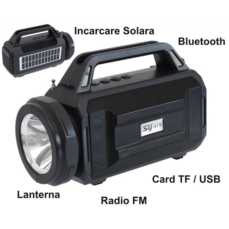 Lanterna multifunctionala cu radio FM, Bluetooth, card TF, incarcare solara si LED 3W — functii marcate