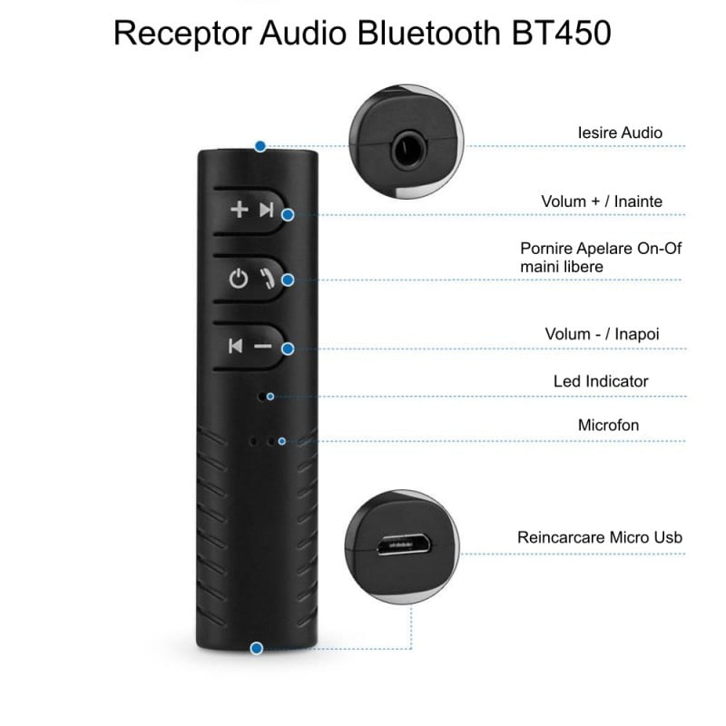 Receptor Bluetooth jack 3,5 mm cu butoane volum, hands-free, LED indicator si incarcare micro USB