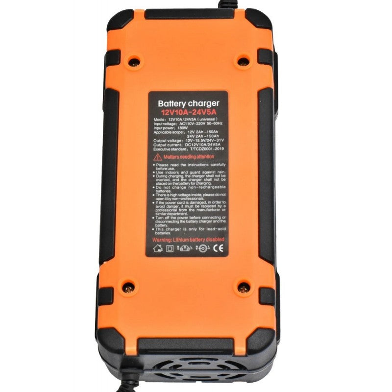 Redresor 12V-10A / 24V-5A - eticheta tehnica spate cu specificatii si avertismente