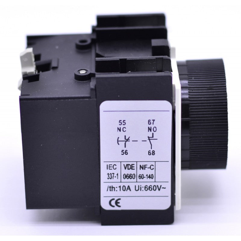 Releu timer contactor cu eticheta IEC 337-1, 10A, 660V, schema contacte NC/NO pe lateral
