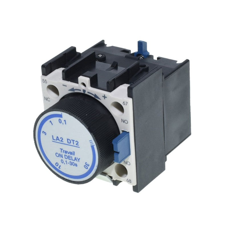 Releu timer contactor 0,1-30s vazut din fata-lateral, cu scala graduata si borne de conexiune NO