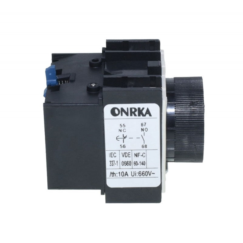 Releu timer contactor 10A, 660V, vedere laterala cu eticheta tehnica si conector albastru fix