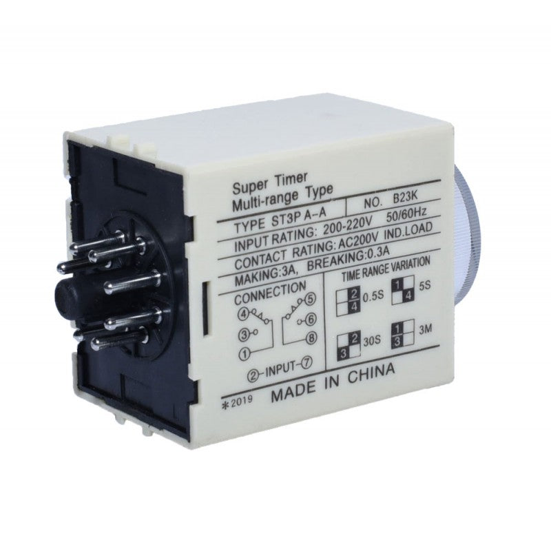 Releu temporizator 220V cu pini de conectare vizibili, schema cablaj imprimata pe carcasa