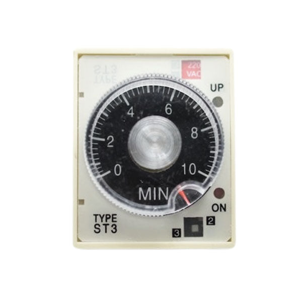 Releu de timp mecanic reglabil 220V, 4 plaje temporizare 10s-60min, cadran rotativ cu scala MIN