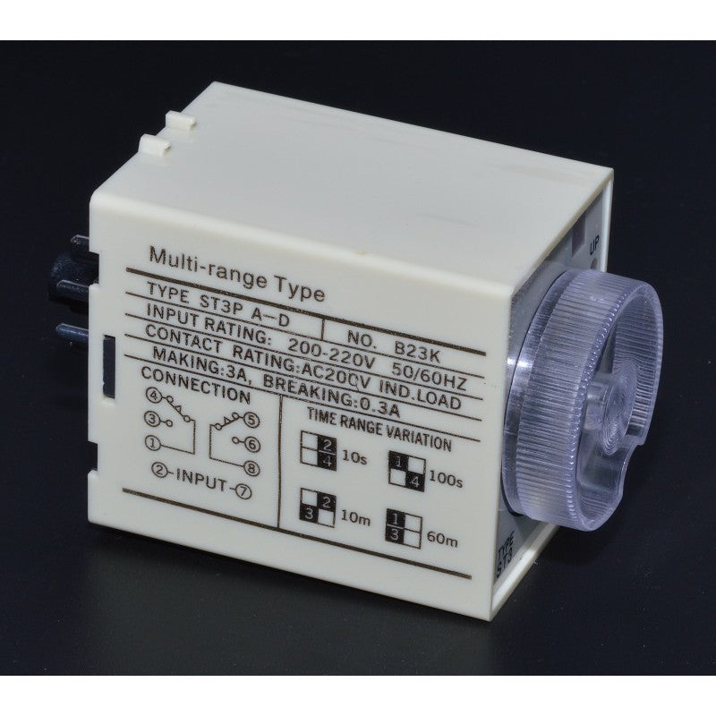 Temporizator mecanic multi-range 200-220V 3A, schema conexiuni si comutator plaje de timp pe carcasa
