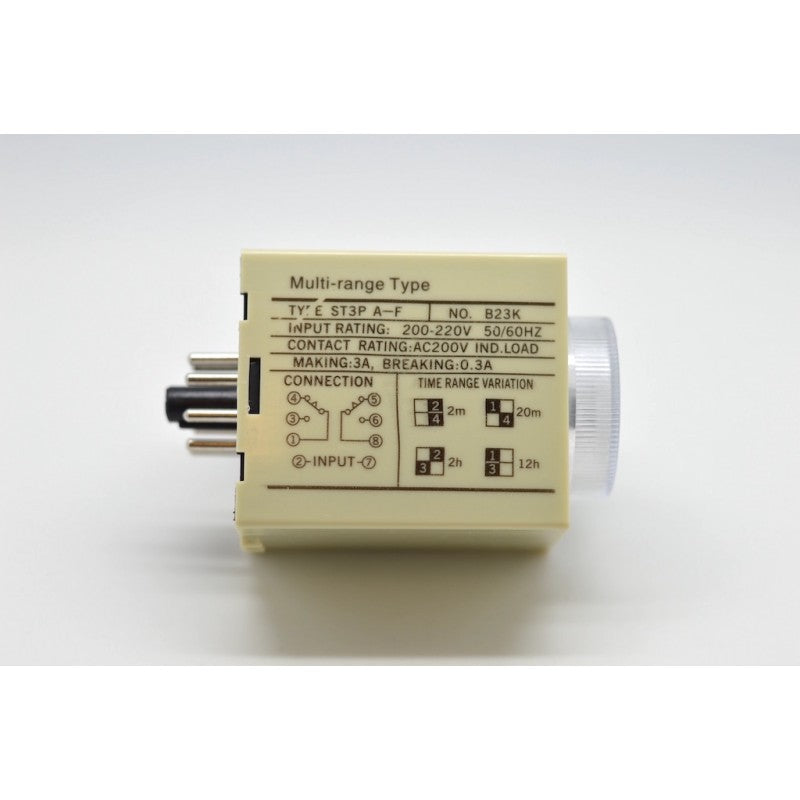 Releu de timp multi-range vedere spate cu schema de conectare, 200-220V, contact 3A