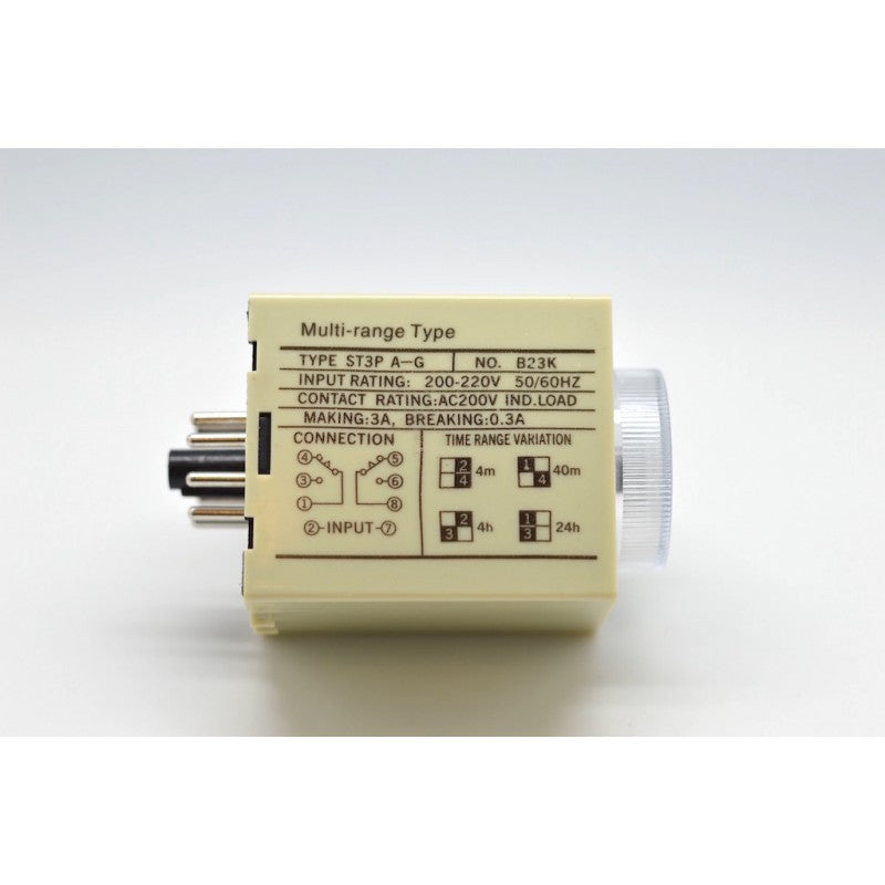 Releu de timp multi-range 200-220V, schema conexiuni si plaje temporizare pe eticheta laterala