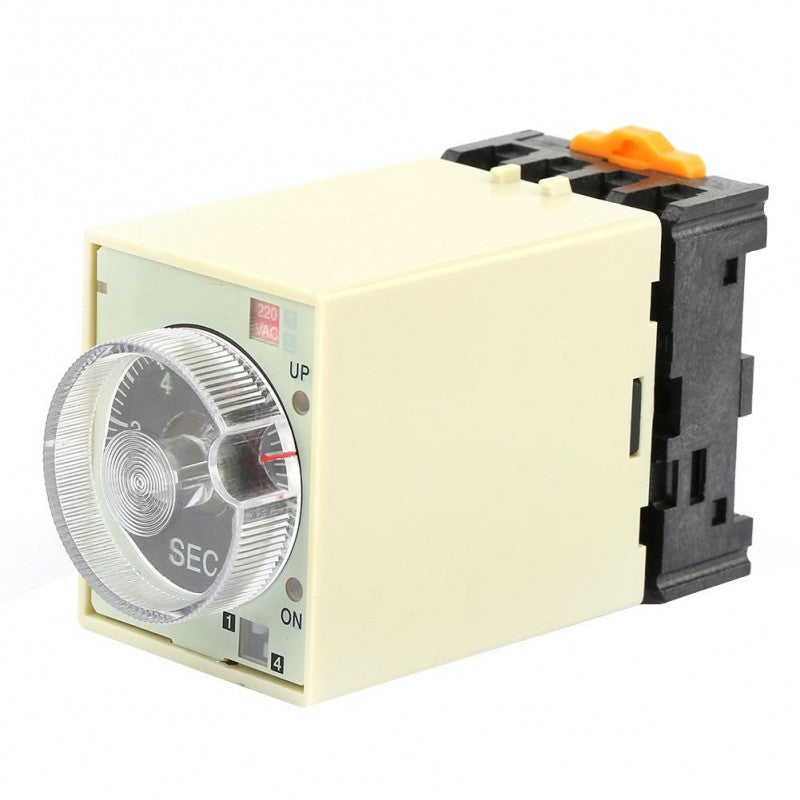 Temporizator mecanic reglabil pe secunde, montat pe soclu DIN, cu indicator LED si buton rotativ