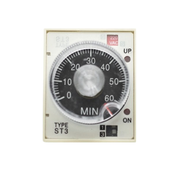 Releu de timp mecanic 220V AC, 60 min, cadran analogic rotativ cu indicator UP si ON