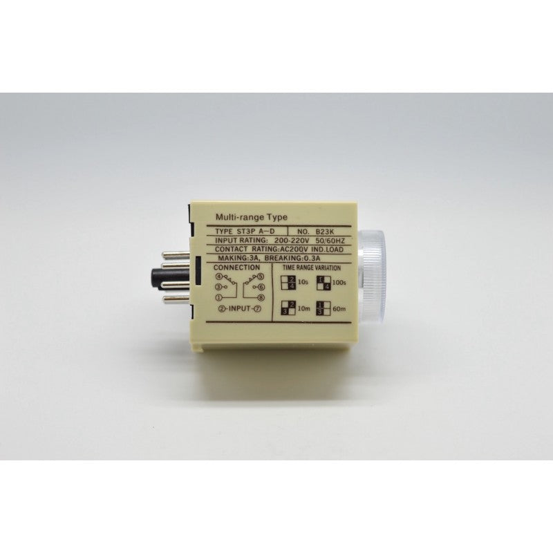 Releu temporizator multi-range 200-220V, vedere laterala cu schema de conexiuni si plaje de timp
