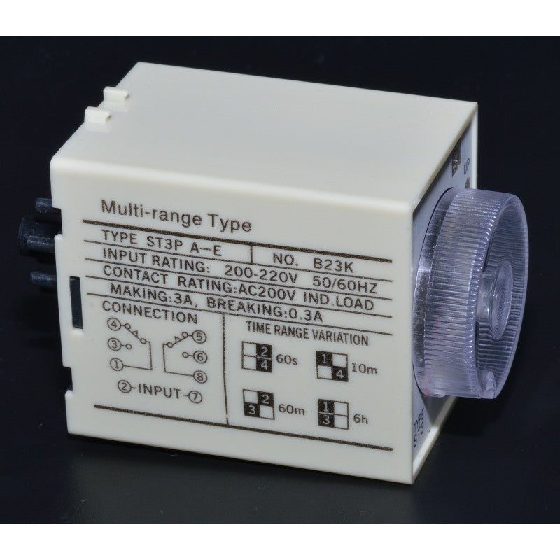 Temporizator mecanic 220V, 3A, multi-range, detaliu eticheta cu diagrama conexiuni si intervale 60s-6h