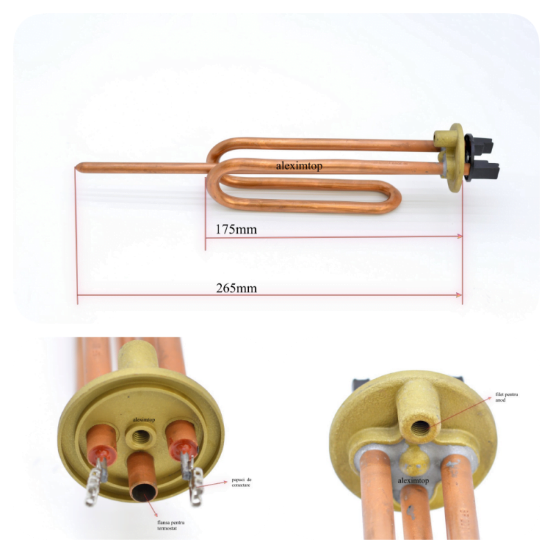 Rezistenta boiler din cupru cu dimensiuni 175mm si 265mm, detalii flansa termostat si papuci conectare