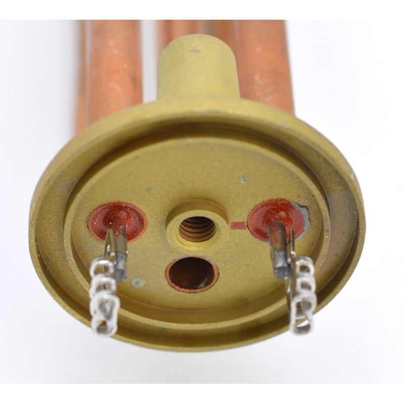 Rezistenta boiler 1500W, vedere spate flansa cu terminale electrice si filet central anod