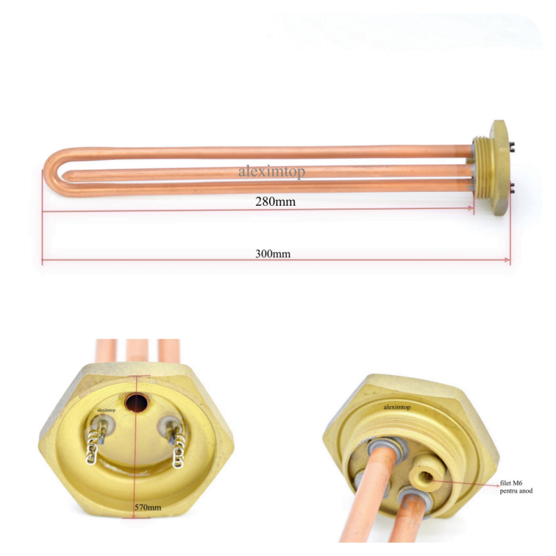 Rezistenta boiler cu dimensiuni 280mm si 300mm, detalii flansa si filet M6 pentru anod