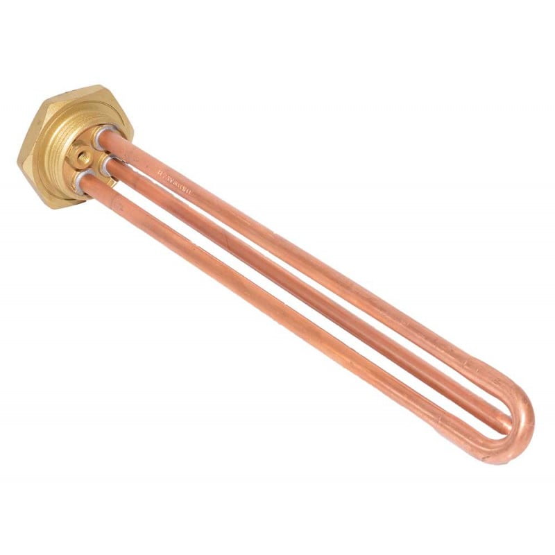 Rezistenta electrica boiler din cupru, vedere in unghi cu piulita hexagonala din alama