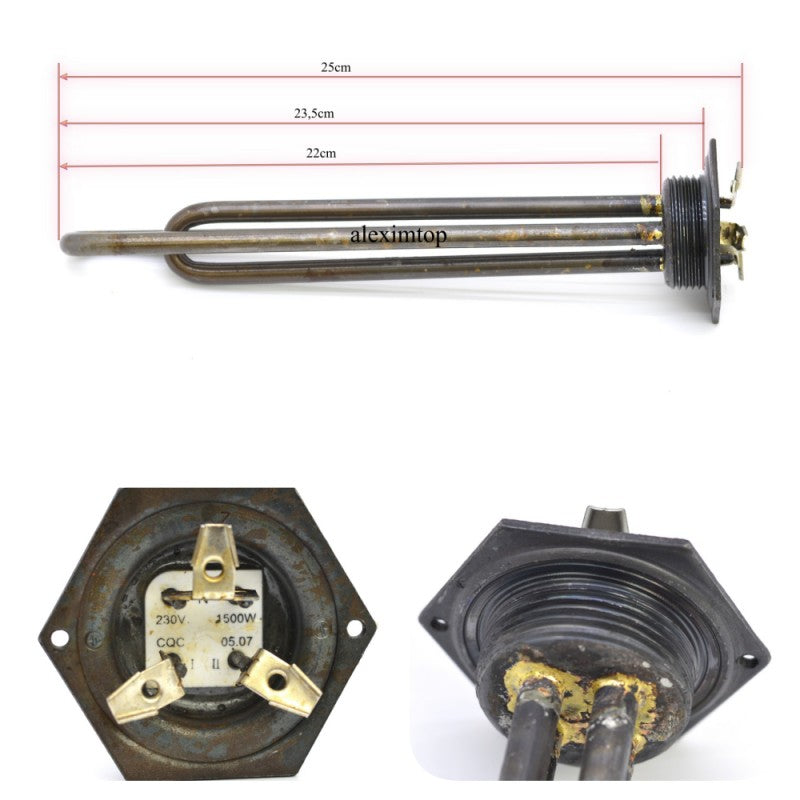 Rezistenta electrica 1500W cu dimensiuni marcate 25cm si detalii terminale de conectare hexagonale